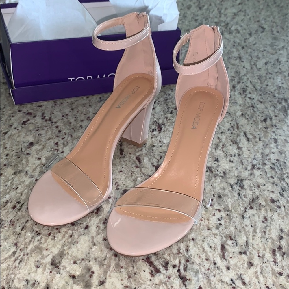 Shiny nude clear open toe heels